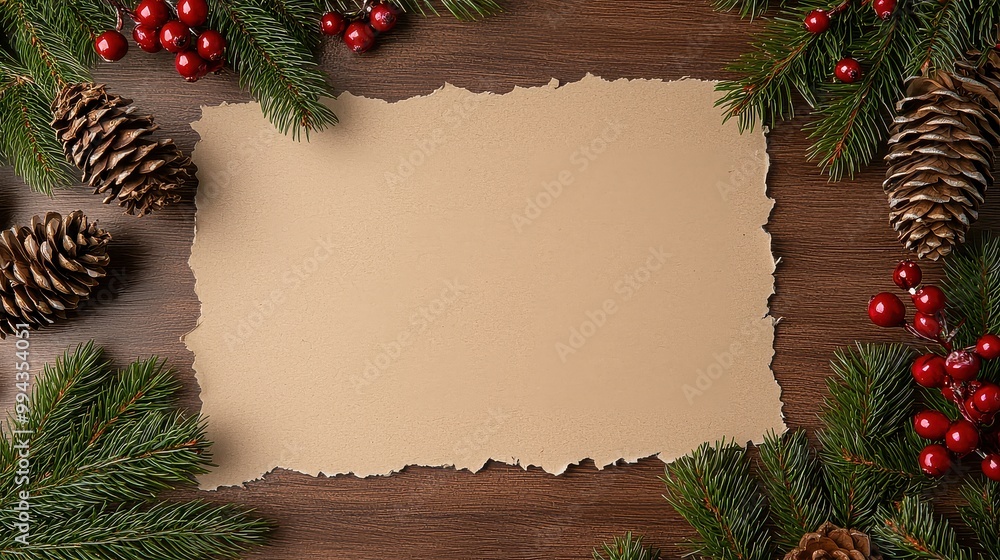 Poster a christmas tree with pine cones and berries on a wooden background. the background is a blank sheet