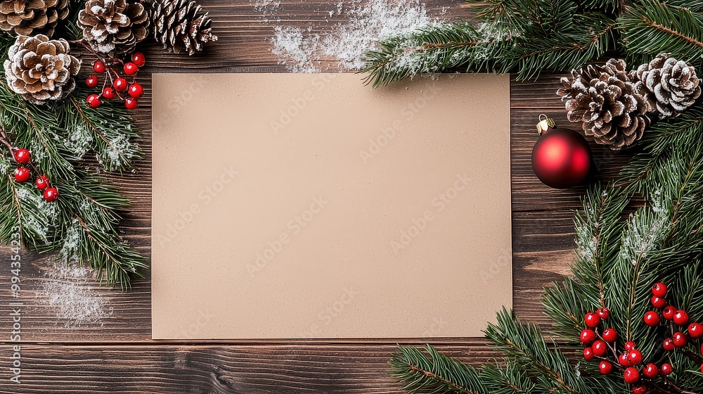 Poster a blank piece of paper sits on a wooden surface, surrounded by pine cones and a red ornament. the or