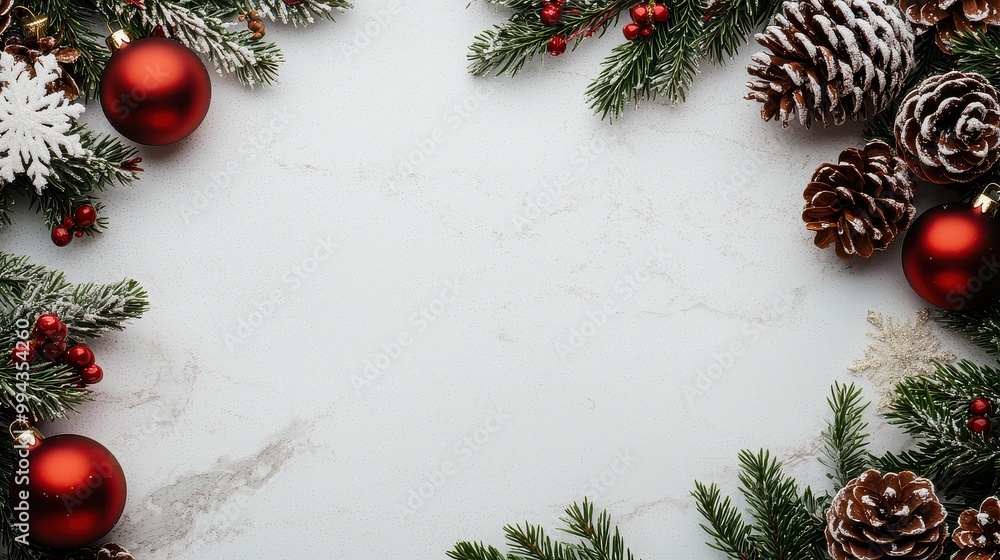 Poster a white background with a red frame and a bunch of christmas decorations. the decorations include pi