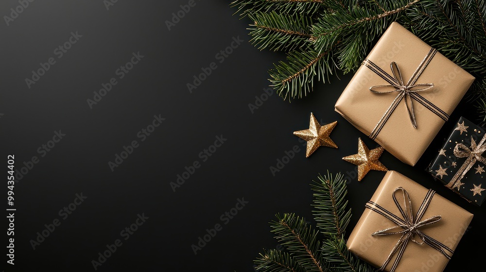 Poster a black background with two brown boxes on it. the boxes are decorated with ribbons and stars