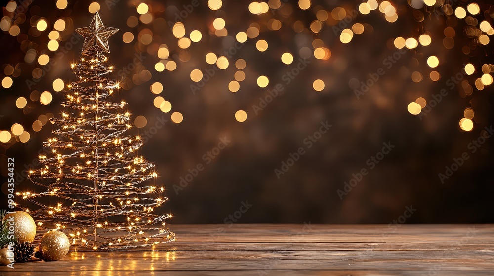 Poster a christmas tree with lights on it is on a wooden table. the tree is surrounded by a few ornaments a