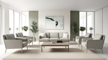 Fototapeta premium Modern living room featuring white walls and green accents, showcasing Scandinavian design in a 3D rendering. 