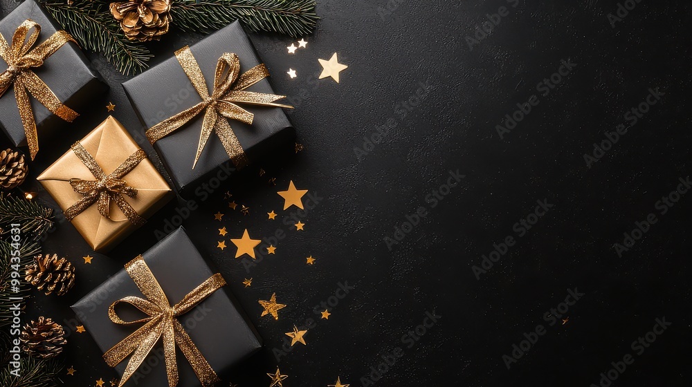 Poster A black background with gold ribbons and stars on it. There are three boxes on the left side of the image