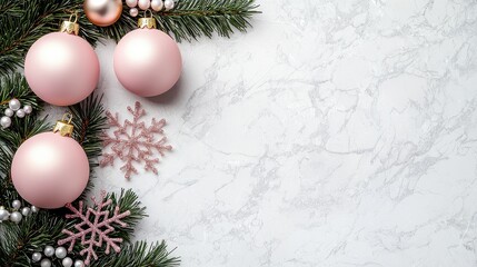 A white background with three pink ornaments and a snowflake. The snowflake is on the left side of the image and the other two ornaments are on the right side