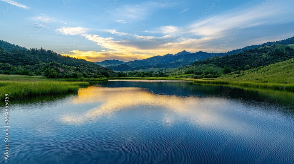 Aufkleber a serene lake with a beautiful sunset in the background. the sky is filled with clouds, creating a p
