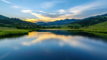 Obraz premium A serene lake with a beautiful sunset in the background. The sky is filled with clouds, creating a peaceful atmosphere. The reflection of the mountains in the water adds to the picturesque scene