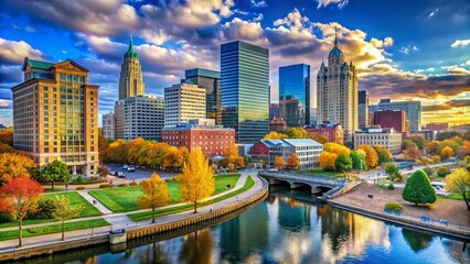 Fototapeta premium Modern Connecticut Business District with Skyscrapers, Office Buildings, and Urban Infrastructure