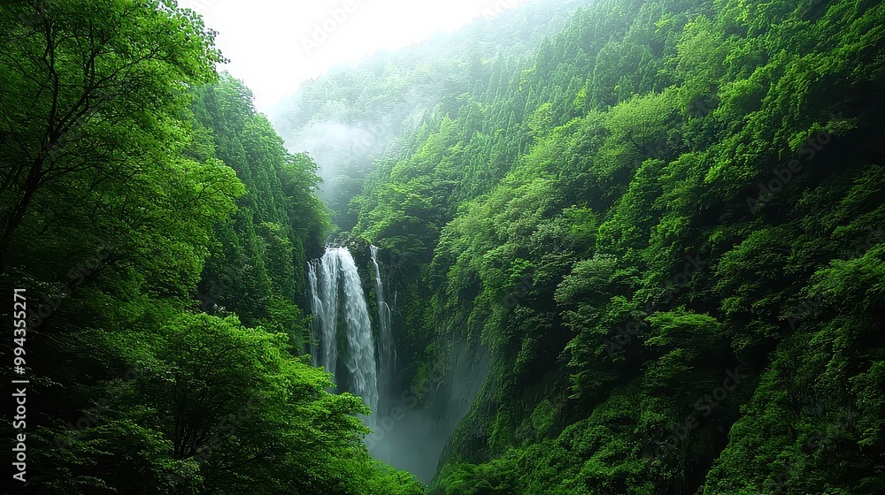 Poster a lush green forest with a waterfall in the background. the waterfall is surrounded by trees and the