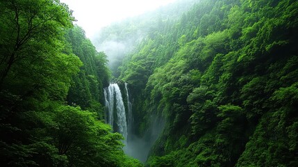 A lush green forest with a waterfall in the background. The waterfall is surrounded by trees and the sky is cloudy. Concept of tranquility and natural beauty