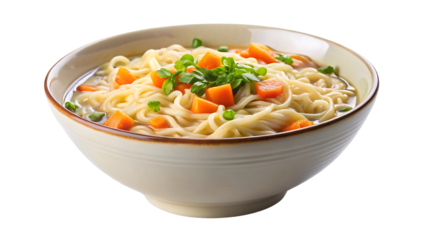  Noodles soup with vegetables in a white ceramics  bowl isolated on transparent background
