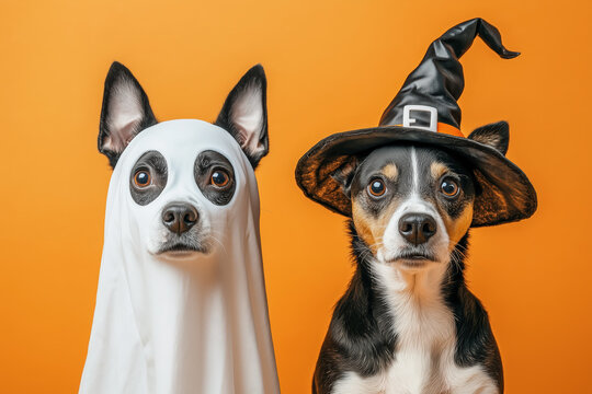 Two dogs dressed up in Halloween costumes in front of an orange background. The dog on the left is dressed as a ghost and the dog on the right is a witch.