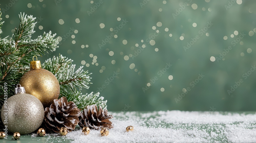 Poster a green background with a tree and snow on it. a gold and silver ornament is on top of a pine cone