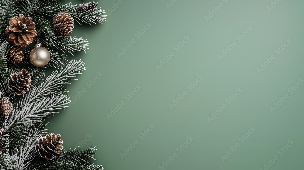 Poster A green background with pine cones and a gold ornament. The pine cones are arranged in a row and the ornament is placed in the middle. Scene is festive and joyful