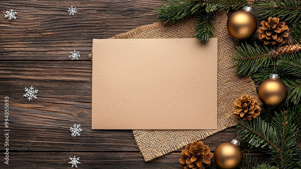 Poster a brown card with a blank space sits on a wooden table. the table is covered with snowflakes and pin