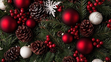 A beautiful Christmas tree adorned with red and white ornaments and pine cones. The tree is full of festive decorations, creating a warm and inviting atmosphere