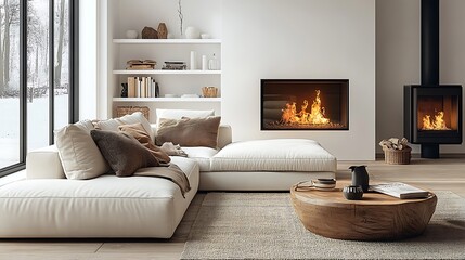  White corner sofa near fireplace. Scandinavian home interior design of modern living room. 
