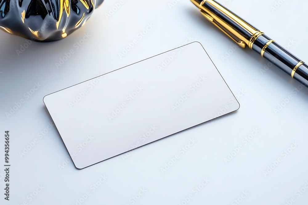 Poster a blank library card and a simple pen, placed on a clean white surface, representing the process of 