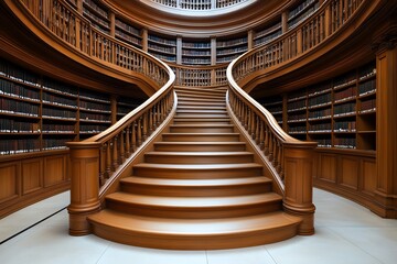Fototapeta premium A beautiful spiral staircase in a grand library, leading up to more bookshelves filled with rare and antique volumes