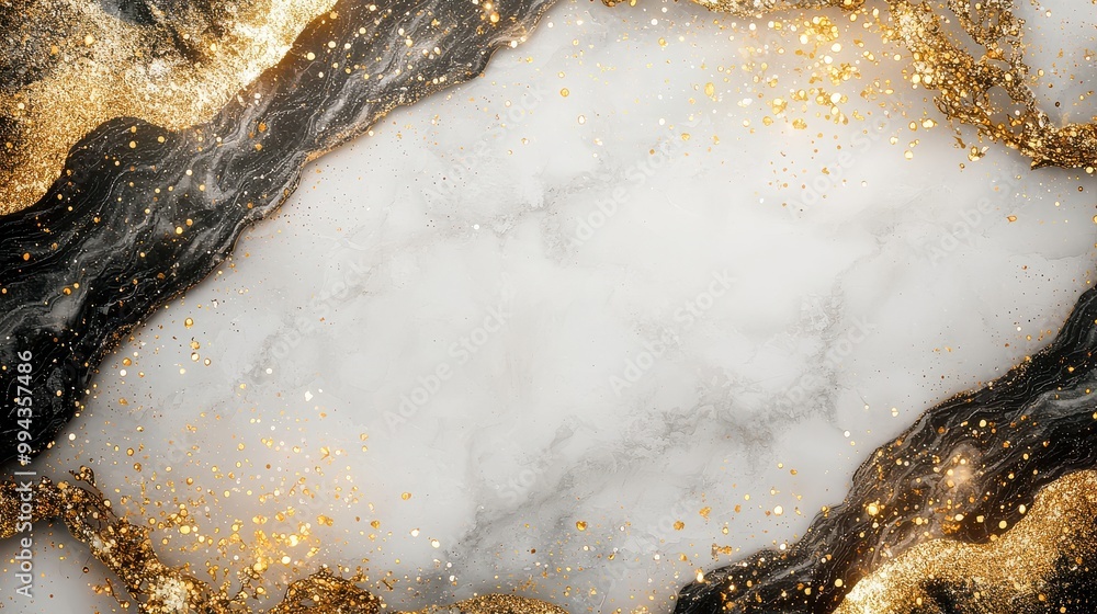 Poster a gold and black marble with a lot of glitter on it. the marble is in the shape of a circle