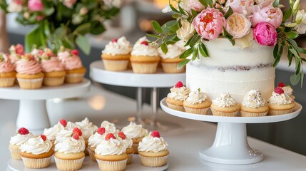 A white cake with pink frosting and pink flowers on top. There are also several cupcakes on a white plate