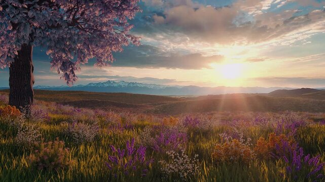 Nature Landscape with Grass and Flowers at Sunset - Loop - Abstract Fantasy Background