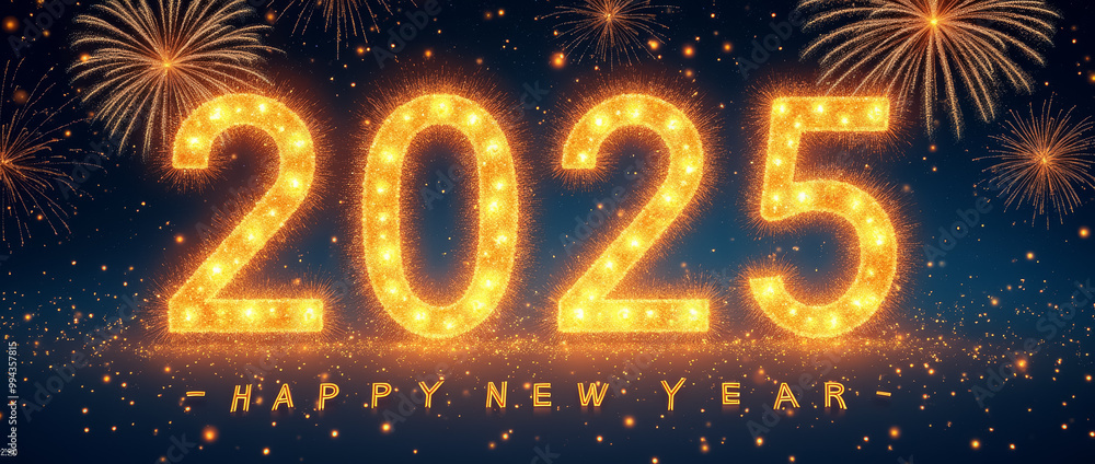 Poster glittering numbers representing the year 2025 are illuminated while vibrant fireworks explode agains