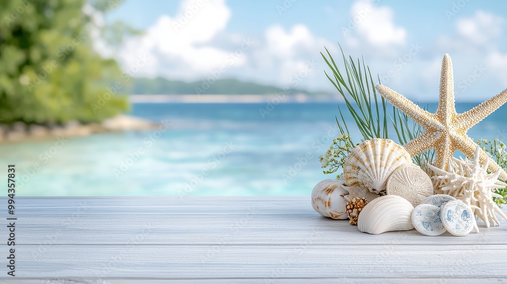 Aufkleber A beach scene with a wooden table and a variety of seashells and starfish. The table is set up to look like a beachside display, with the shells