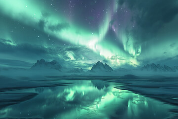 Fototapeta premium Northern Lights vivid green and purple radiance dances over a peaceful snow-covered Scandinavian forest in November