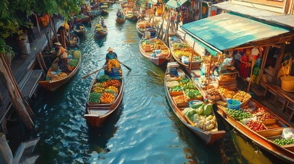 Colorful boats at a bustling floating market on the river, with vendors selling fresh produce, creating a vibrant and realistic atmosphere