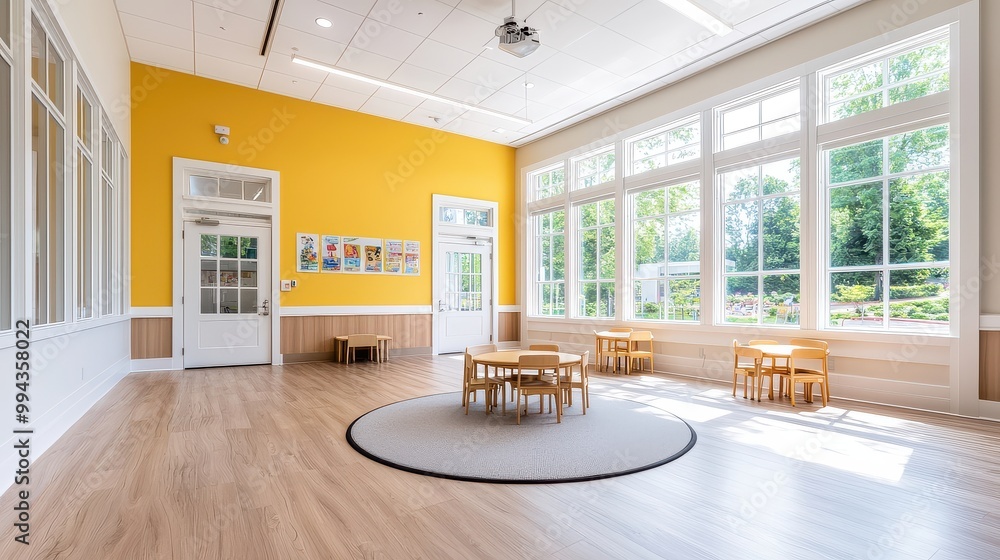 Poster a bright yellow room with a circular rug and a table with chairs. the room is empty and has a clean,
