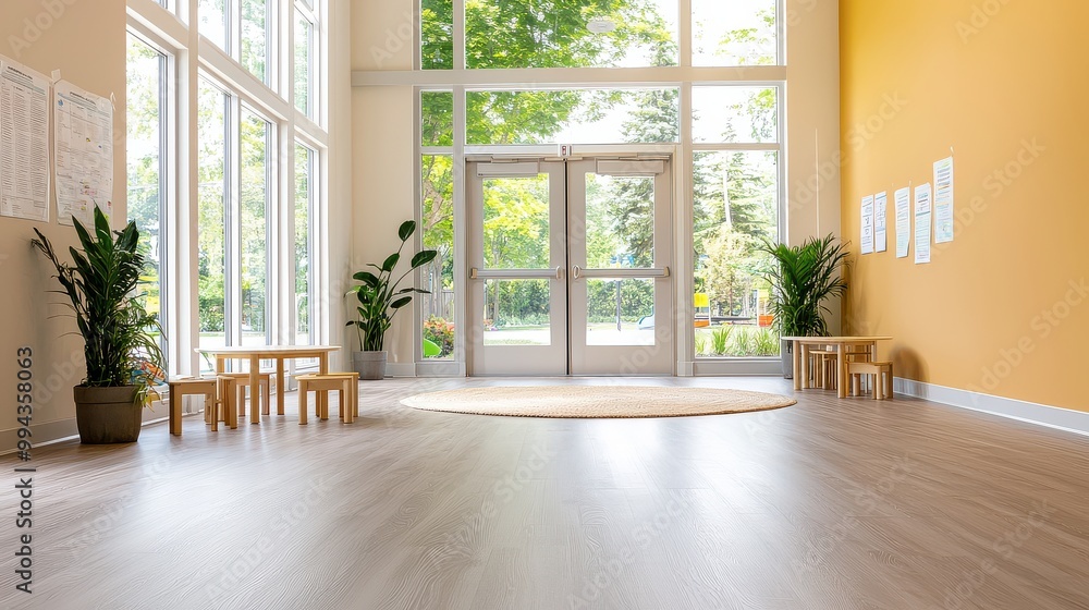 Poster a large room with a yellow wall and a white door. there are several potted plants in the room, inclu