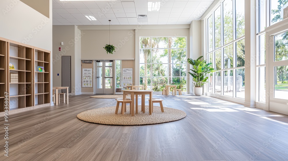 Poster a large room with a rug in the center and a table with two chairs. the room is empty and has a clean