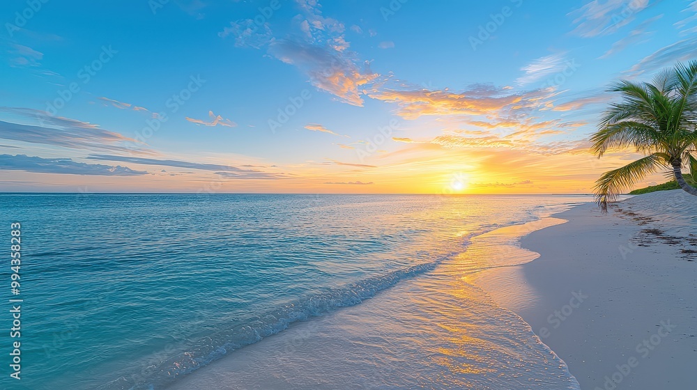 Poster A beautiful beach with a palm tree and a blue sky. The sun is setting, creating a warm and peaceful atmosphere