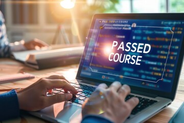 Computer screen with "PASSED COURSE" visible as someone types