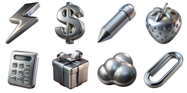 Collection of 3d metallic chrome objects including dollar, pencil, gift box, cloud, calculator, lightning sign, strawberry, paper clip