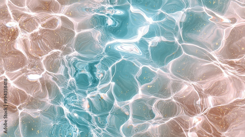 Poster a body of water with a blue and pink hue, creating a serene and calming atmosphere. the water is dot