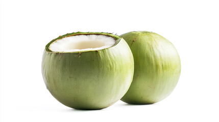 Fresh green coconuts displayed on a white background ready for hydration and culinary uses