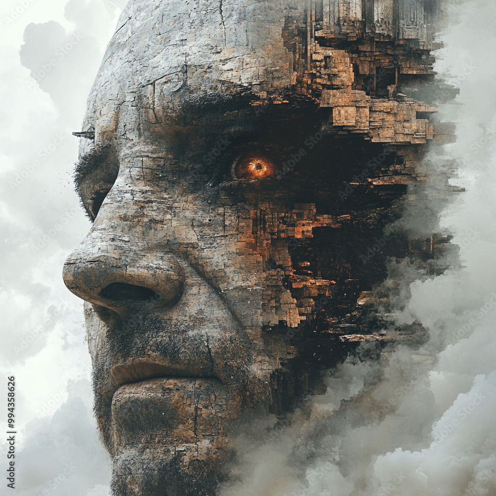 Poster this striking image features surreal blend of human features and abstract, fragmented structures, ev