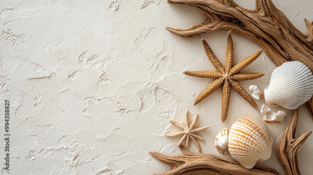Fototapete a beach scene with shells and driftwood. the shells are scattered around the driftwood, creating a n
