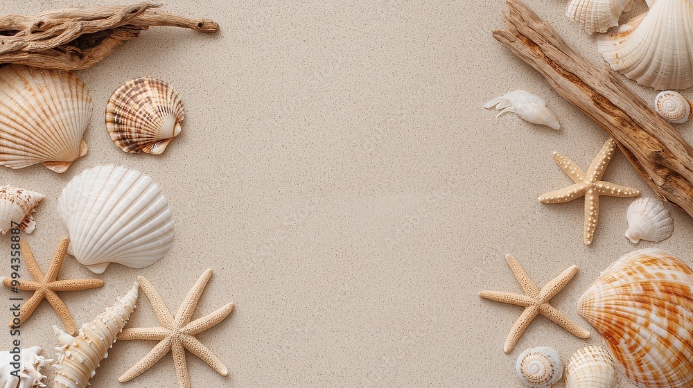 Fototapete a beach scene with shells and driftwood. the shells are scattered around the driftwood, creating a n