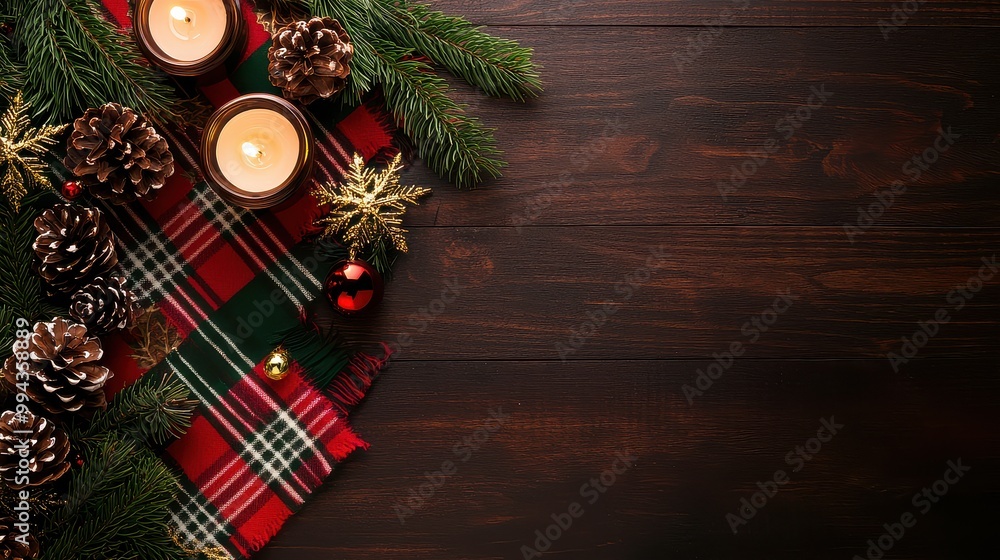 Poster a christmas table setting with candles and pine cones. the candles are lit and the pine cones are ar