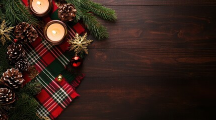 A Christmas table setting with candles and pine cones. The candles are lit and the pine cones are arranged around them. The tablecloth is red and green plaid