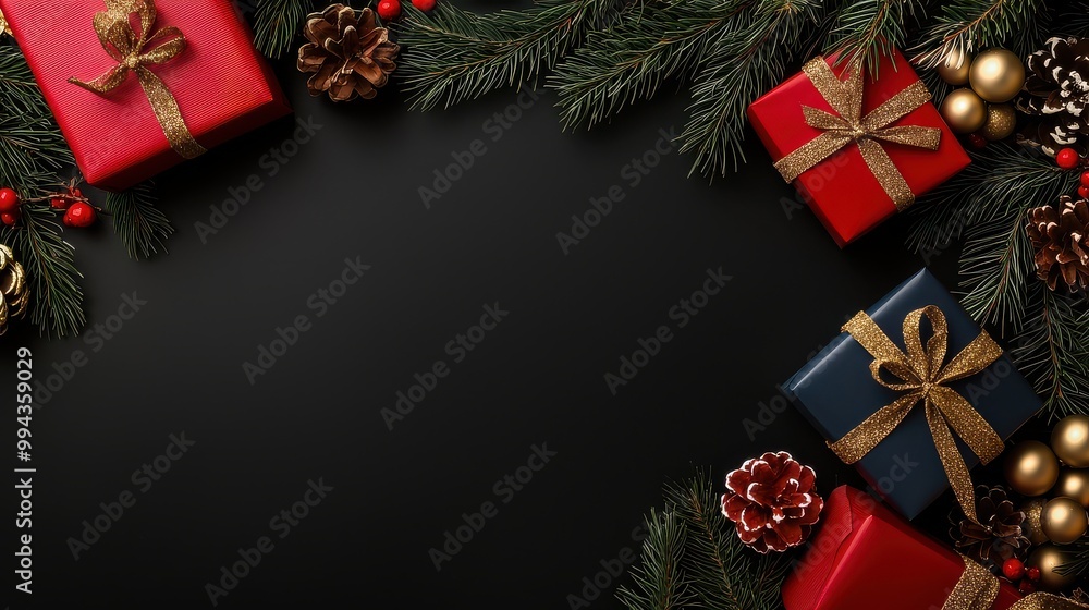 Poster a black background with a christmas tree and presents. the presents are red and blue. the tree has p