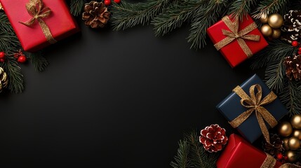 A black background with a Christmas tree and presents. The presents are red and blue. The tree has pine cones and gold ornaments