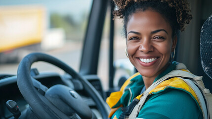 Kierowczyni ciężarówki z radosnym uśmiechem patrzy prosto w kamerę, siedząc w kabinie swojego pojazdu. 
