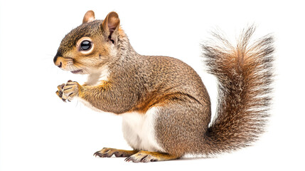 A curious squirrel poses with paws together against a plain white background in natural light