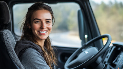 Kierowczyni ciężarówki z radosnym uśmiechem patrzy prosto w kamerę, siedząc w kabinie swojego pojazdu. 