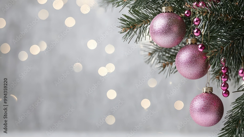 Poster a christmas tree with three pink ornaments hanging from it. the tree is surrounded by a blurry backg