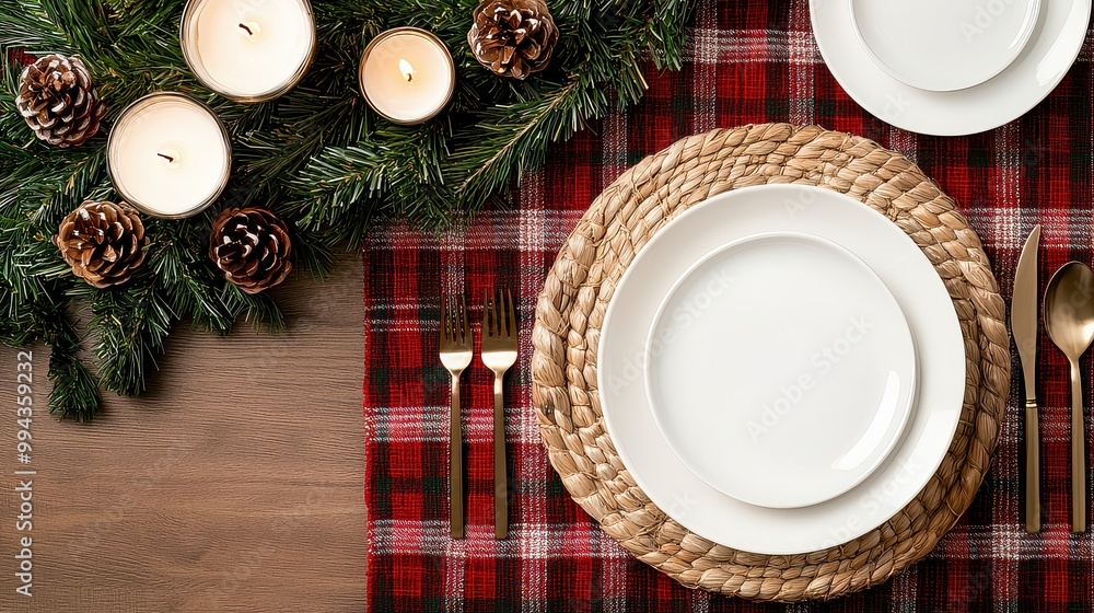 Poster a table with a white plate and silverware on a red and white checkered tablecloth