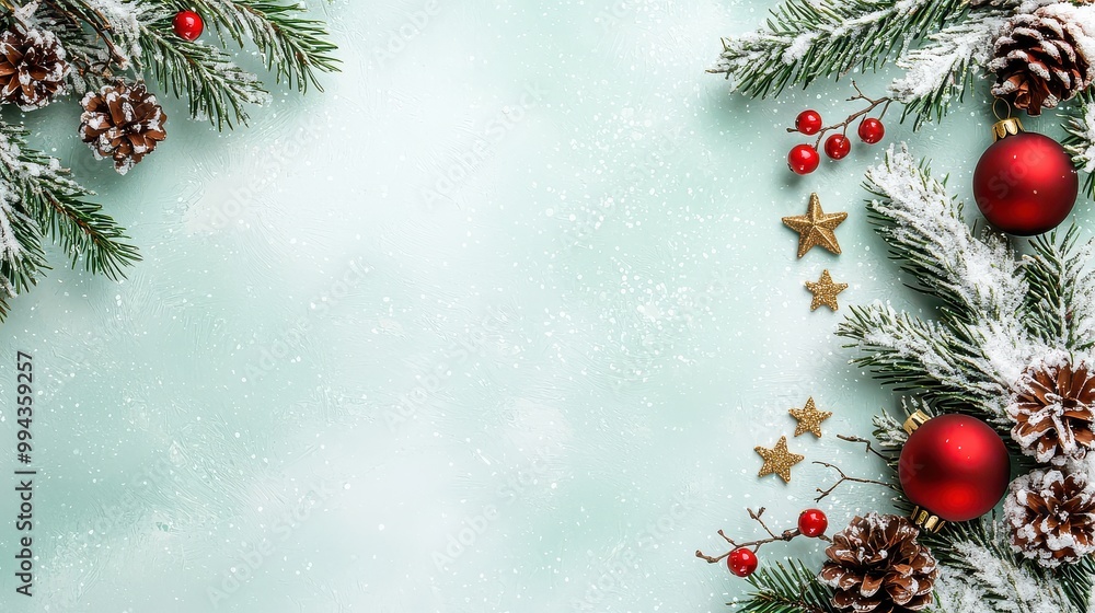 Poster a christmas tree with red ornaments and pine cones. the tree is surrounded by a blue background